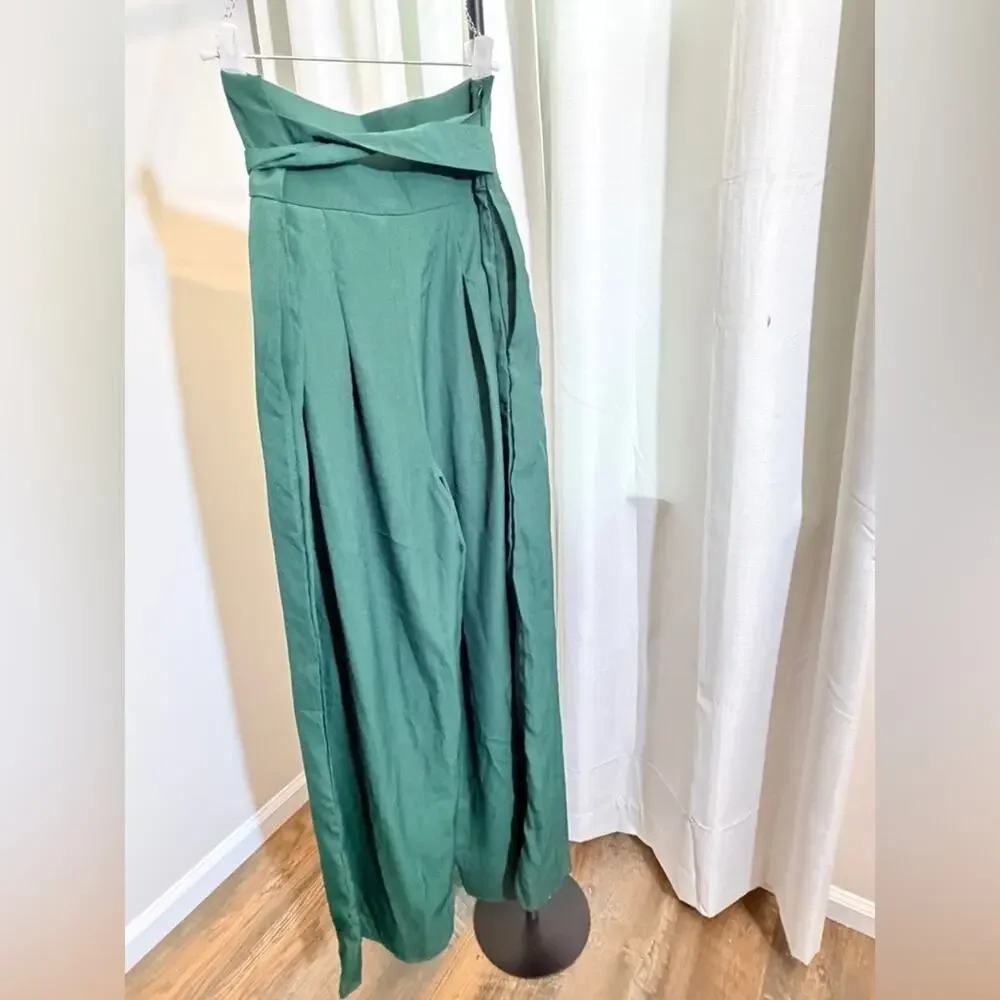 ultra high waist wide leg pants paper-bag trousers Art Deco Green small